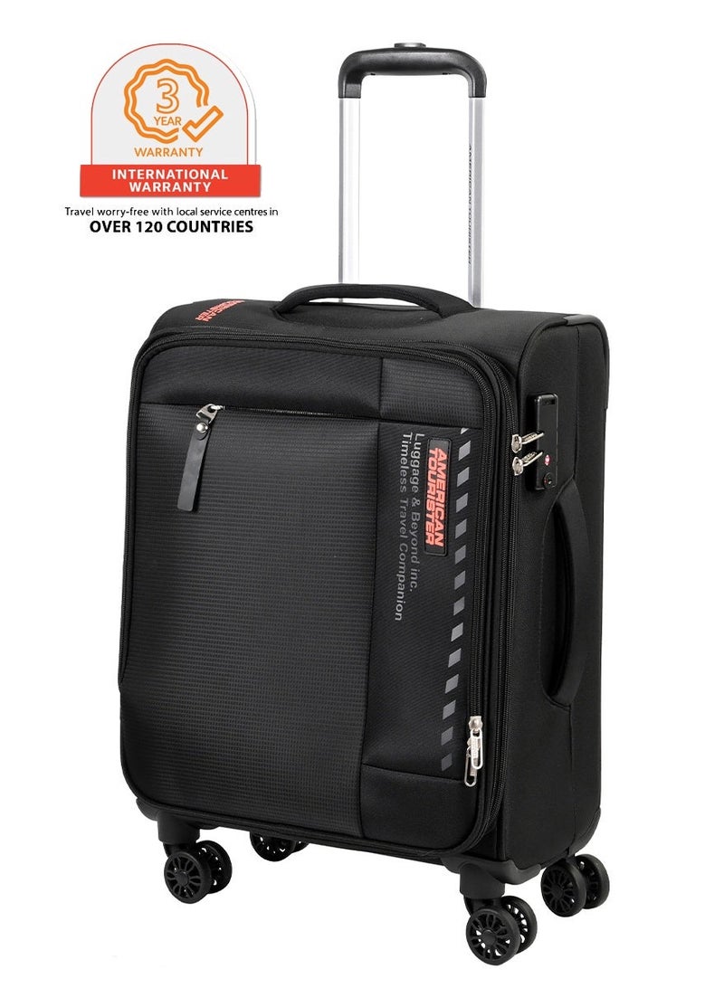 AMERICAN TOURISTER Marina Suitcase, Cabin Size 57 cm, 4 Spinner Wheels, Soft Top, 100% Polyester, Black|Inner Mesh Zippered Pocket|Expandable|TSA Lock|Voluminous Front Pocket - 3 Years International Warranty - Image 1